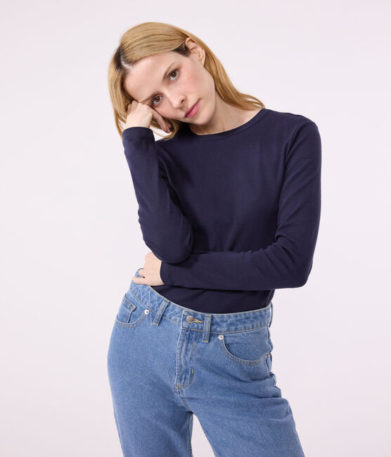 Women's iconic long-sleeved plain rib knit T-shirt SMOKING blue
