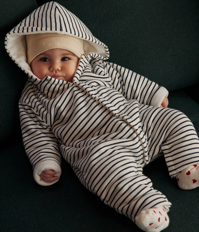 Babies' quilted cotton hooded jumpsuit MARSHMALLOW white/SMOKING blue