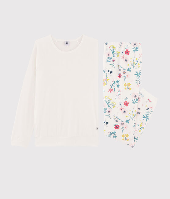 Girls' or Women's Floral Dual-Material Pyjamas MARSHMALLOW white/MULTICO white