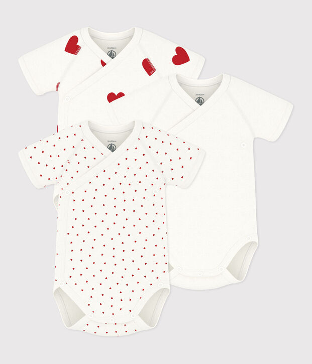 Babies' heart patterned short-sleeved wrapover cotton bodysuits - 3-Pack multicolor