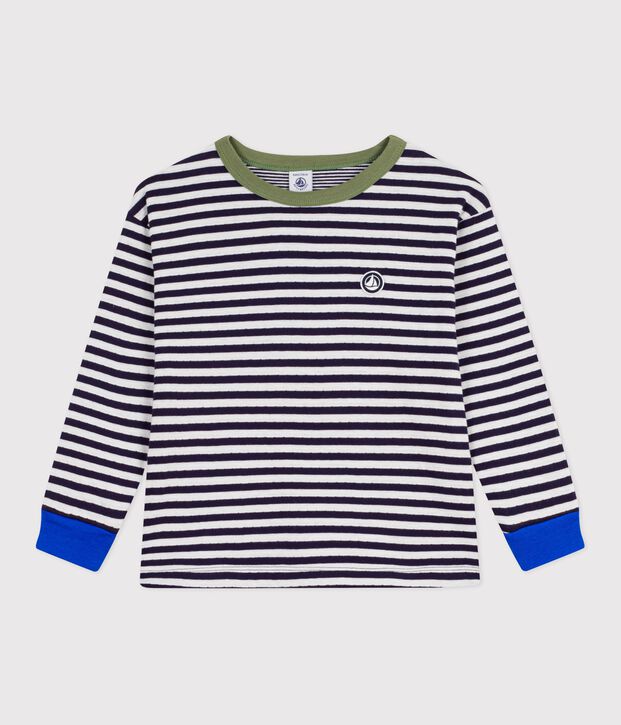 Children's long-sleeved stripy cotton T-shirt blue/ecru