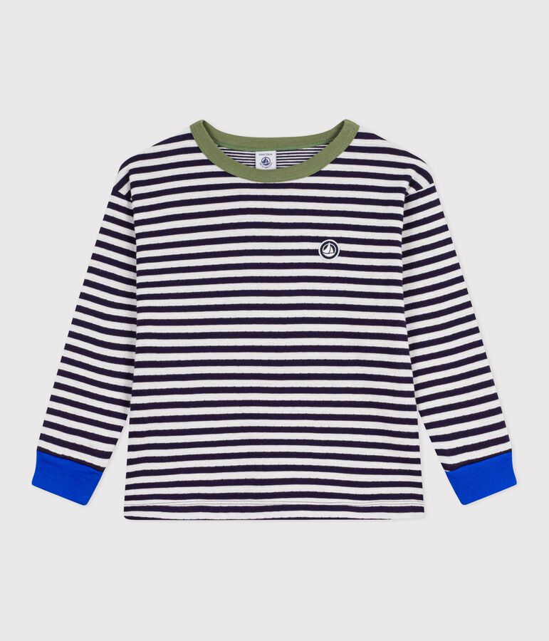 Children's long-sleeved stripy cotton T-shirt blue/ecru