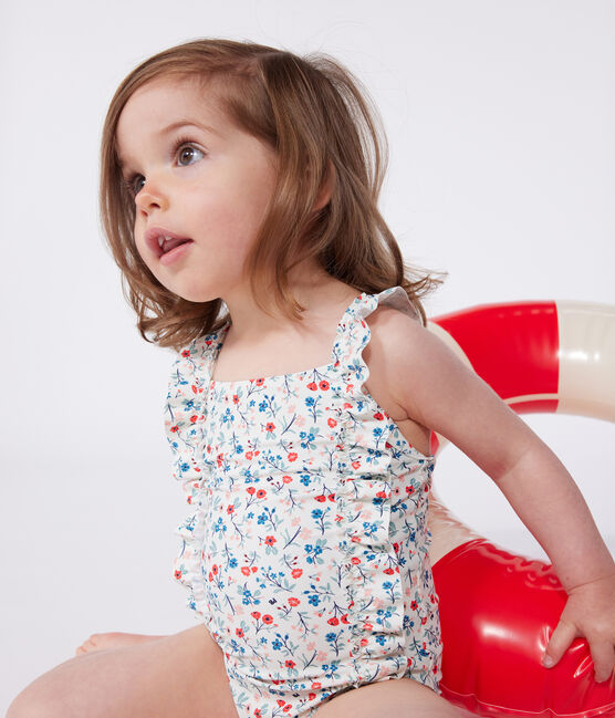 Babies' one-piece swimsuit with frills and a floral print. MARSHMALLOW white/MULTICO white