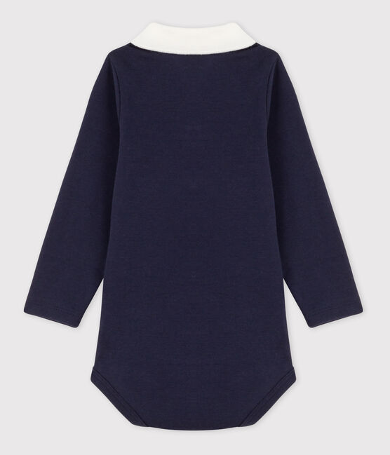 Babies' Long-Sleeved Cotton Bodysuit With Polo Shirt Collar SMOKING blue