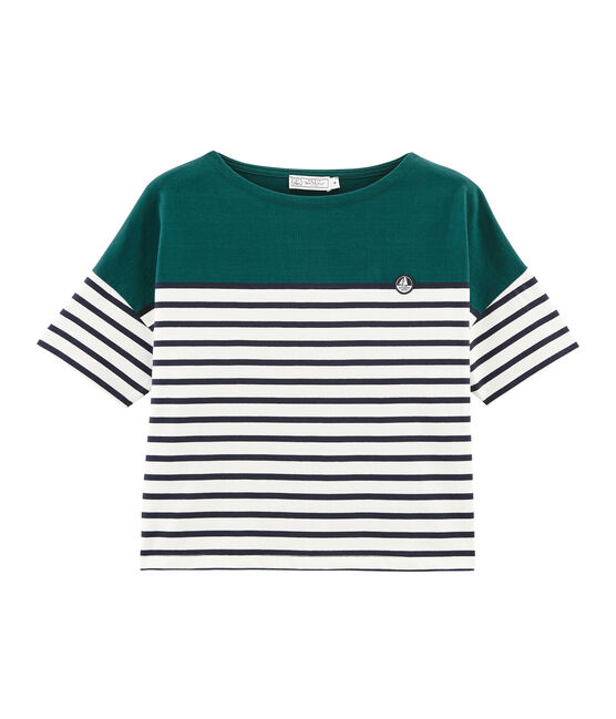 Women's short-sleeved stripy breton top PINEDE green/MARSHMALLOW white/SMOKING