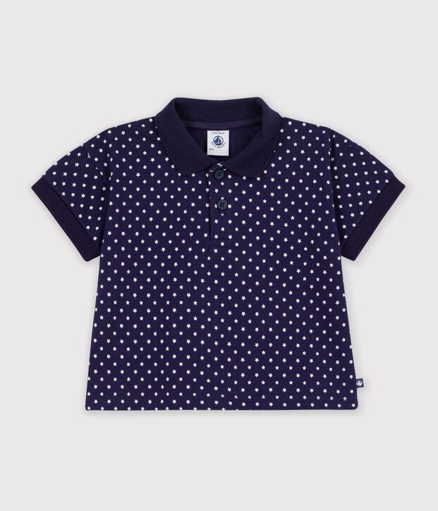Babies' short-sleeved cotton polo shirt printed with boats blue/white