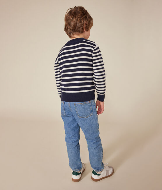 Children's Striped Wool and Cotton Pullover SMOKING blue/MARSHMALLOW white