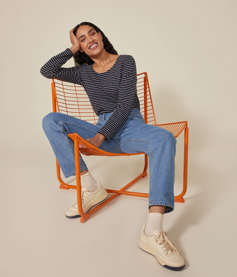 Women's Straight long-sleeved scoop neck T-shirt in slub jersey. blue/beige