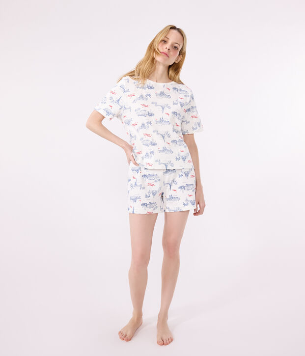 Women's short Paris print cotton pyjamas white/multicolor