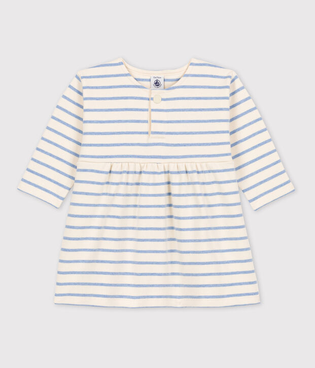 Babies' Long-Sleeved Cotton Sailor Striped Dress Ecru/blue