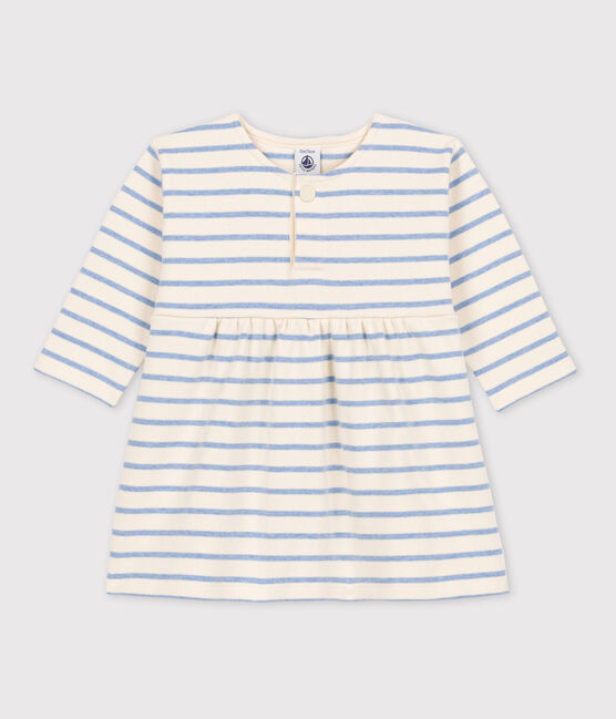 Babies' Long-Sleeved Cotton Sailor Striped Dress AVALANCHE white/SKY CHINE