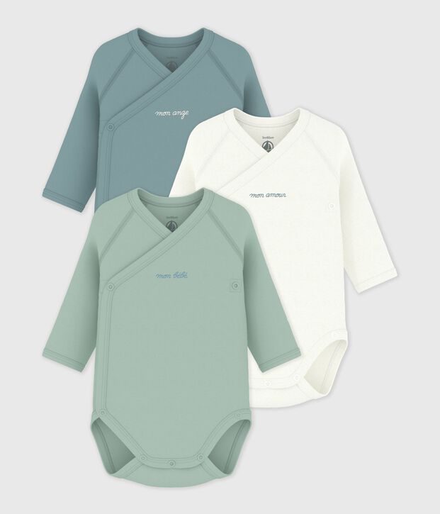 Pack of babies' long-sleeved printed cotton wrapover bodies multicolor