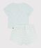 Babies' short cotton two-piece outfit with a stripy bottom half blue/ecru