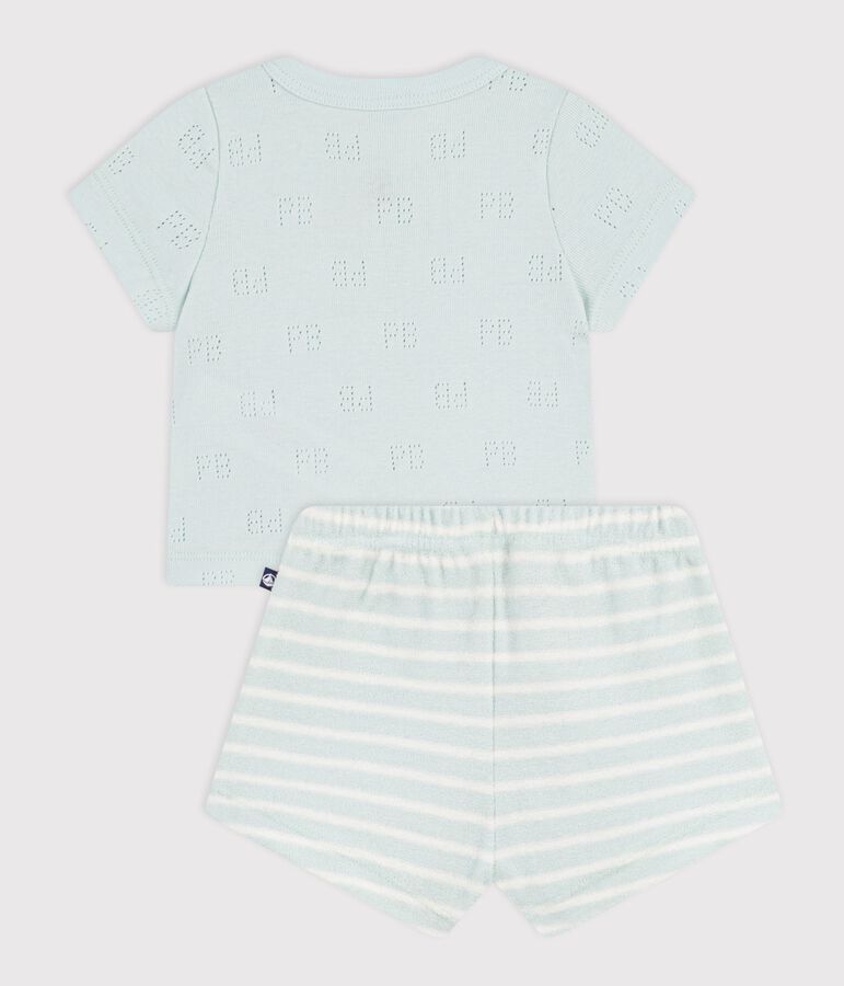 Babies' short cotton two-piece outfit with a stripy bottom half blue/ecru