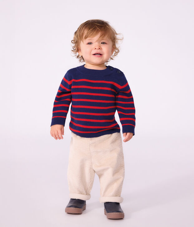 Babies' stripy wool and cotton sailor-style jumper blue/red