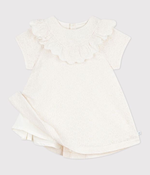 Babies' dress in broderie anglaise with short sleeves and a hearts motif white