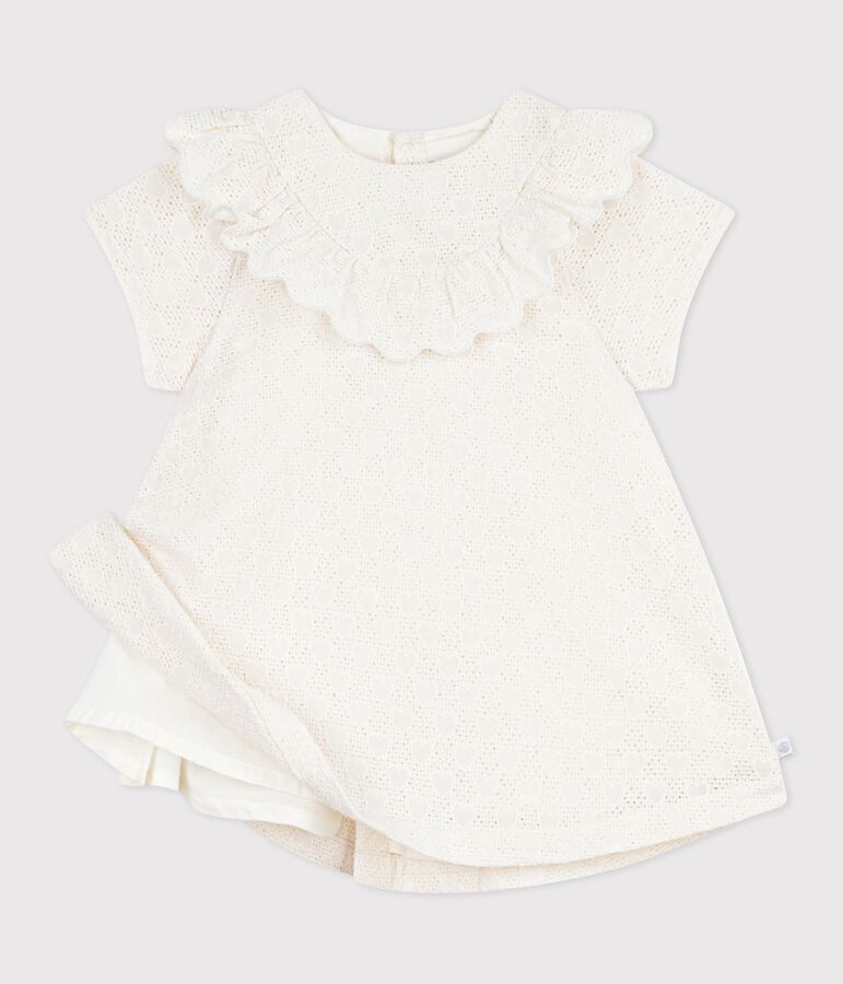 Babies' dress in broderie anglaise with short sleeves and a hearts motif MARSHMALLOW white
