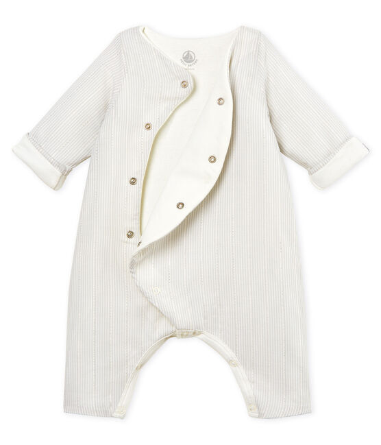 Baby boys' striped long jumpsuit MARSHMALLOW white/PERLIN beige
