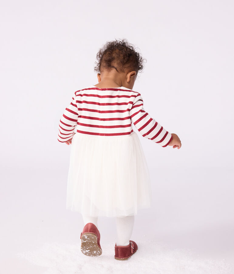 Babies' long-sleeved dress in two materials Ecru/red