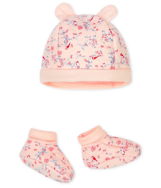 Baby Bonnet and Bootees Set in Tube Knit FLEUR pink/MULTICO white