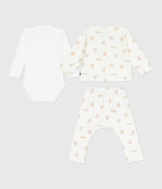 Babies' teddy bear print cotton 3-piece gift set white/BRUN