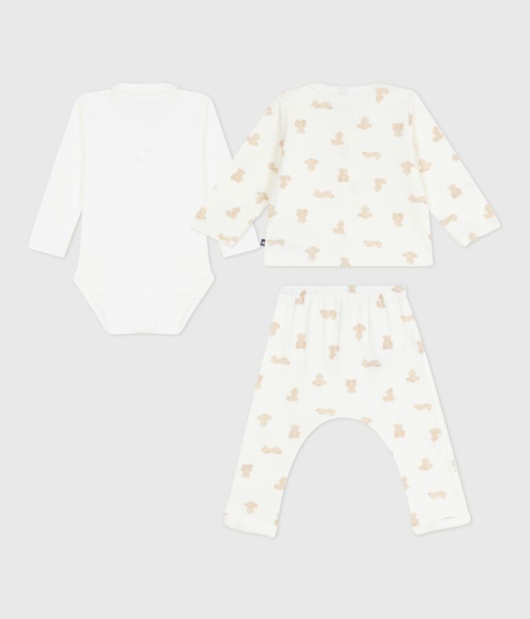 Babies' teddy bear print cotton 3-piece gift set white/BRUN