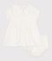 Babies' dress in cotton/linen with short sleeves and bloomers MARSHMALLOW white