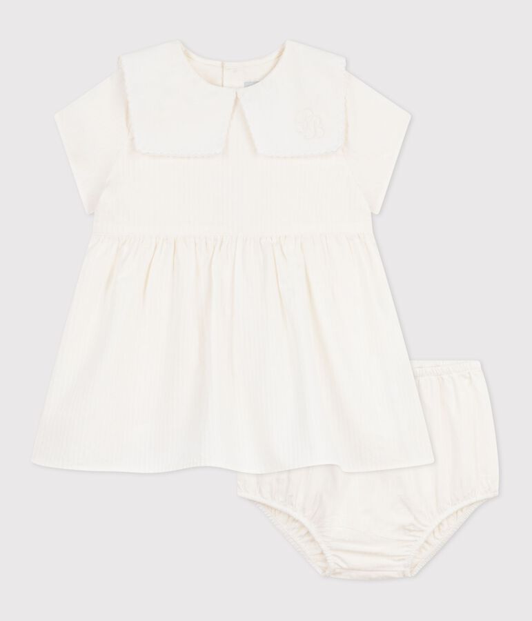 Babies' dress in cotton/linen with short sleeves and bloomers MARSHMALLOW white