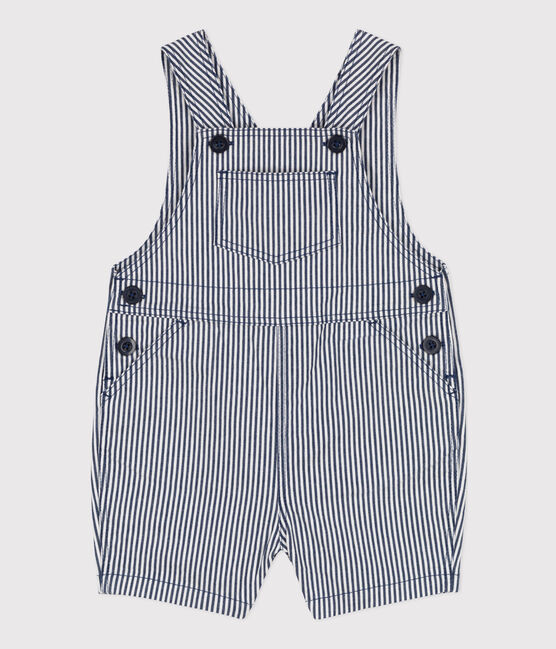 Babies' Stripy Short Dungarees MEDIEVAL blue/MARSHMALLOW white