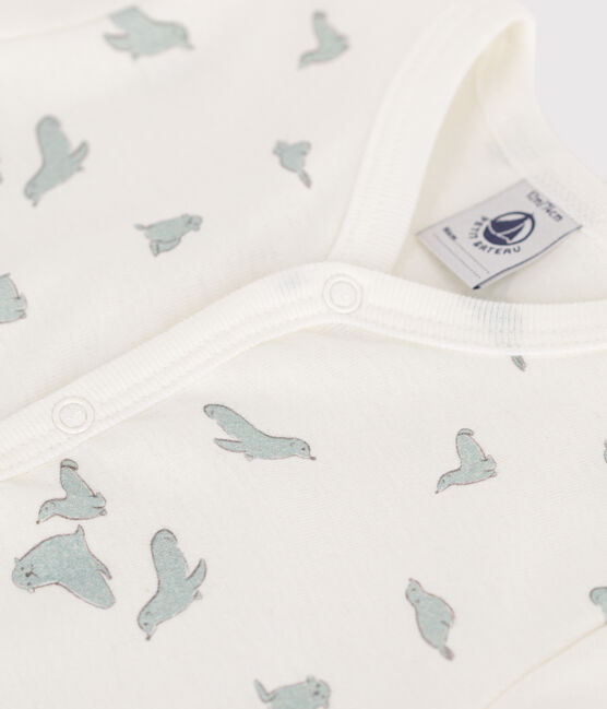 Babies' short cotton whale pattern jumpsuit MARSHMALLOW white/MULTICO white