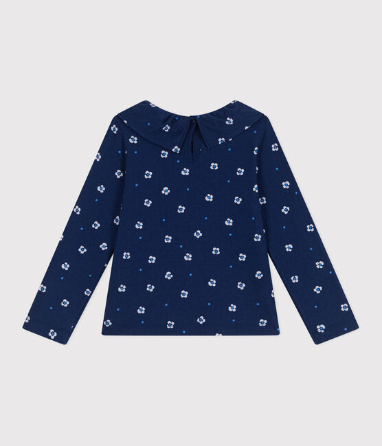 Children's long-sleeved floral cotton T-shirt MEDIEVAL blue/MULTICO white