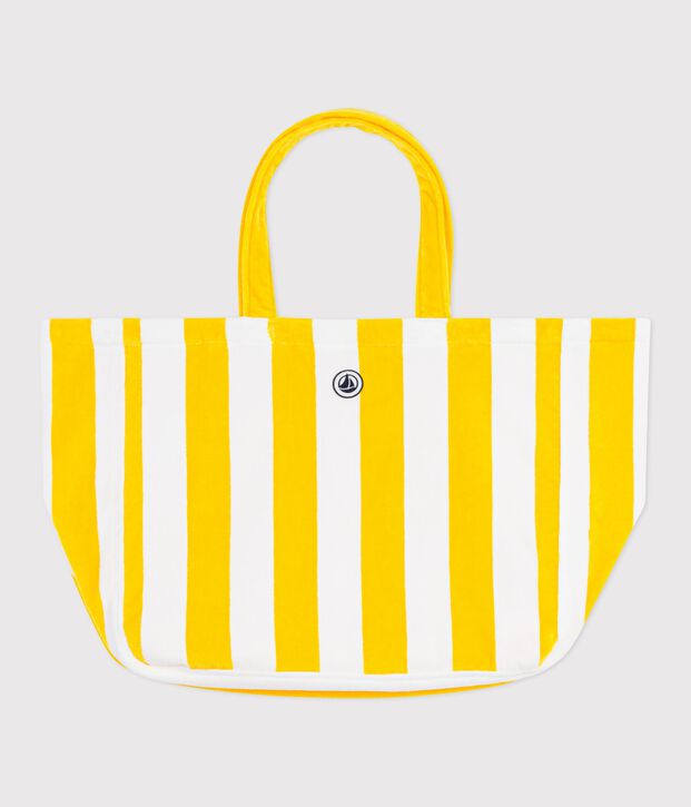Women's stripy cotton terry beach bag yellow/white