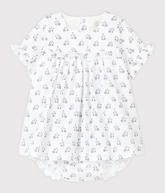 Baby girl's flower print dress with bloomers in poplin MARSHMALLOW white/MULTICO white