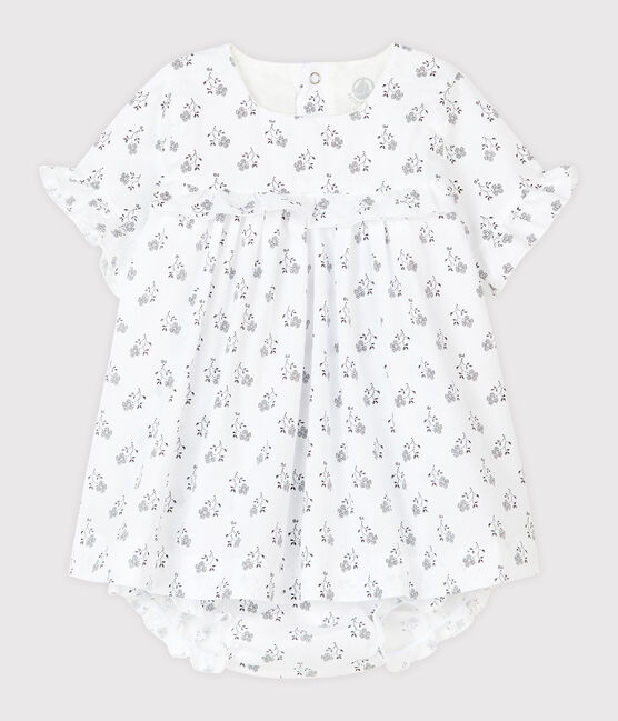 Baby girl's flower print dress with bloomers in poplin MARSHMALLOW white/MULTICO white