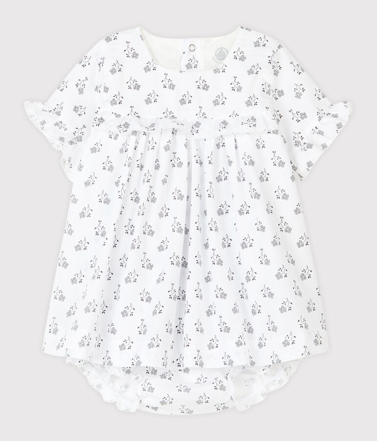 Baby girl's flower print dress with bloomers in poplin white/multicolor