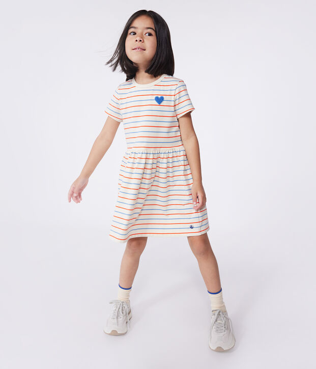 Children's short-sleeved stripy cotton dress with a heart badge Ecru/multicolor