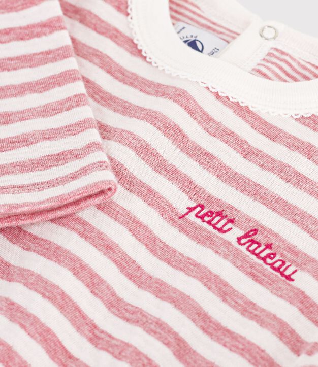 Babies' long-sleeved stripy cotton T-shirt. pink/ecru