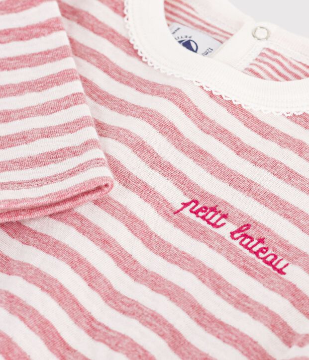 Babies' long-sleeved stripy cotton T-shirt. pink/ecru