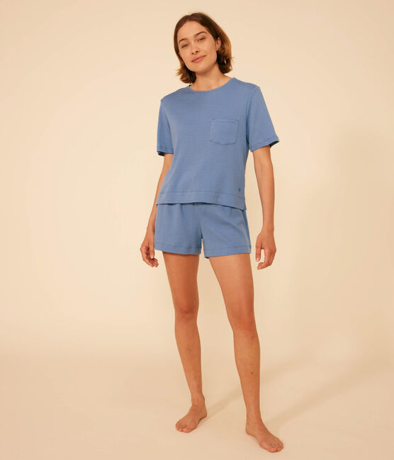 Women's openwork cotton pyjama shorts and plain T-shirt BEACH blue