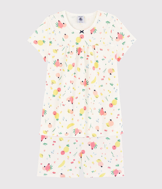 Girls' Summer Fruit Pattern Organic Cotton Short Pyjamas MARSHMALLOW white/MULTICO white