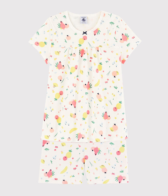 Girls' Summer Fruit Pattern Organic Cotton Short Pyjamas MARSHMALLOW white/MULTICO white