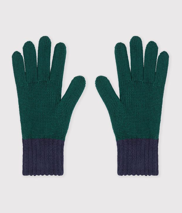 Children's two-tone knitted gloves lined in fleece green/blue