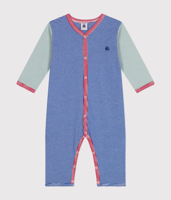 Babies' stripy footless cotton pyjamas CALVIN blue/MARSHMALLOW
