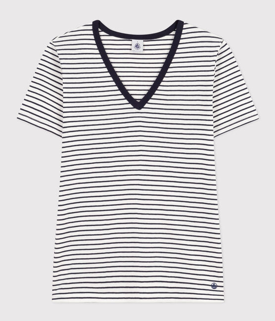 Women's Iconic Striped Cotton V-neck T-Shirt MARSHMALLOW white/SMOKING blue