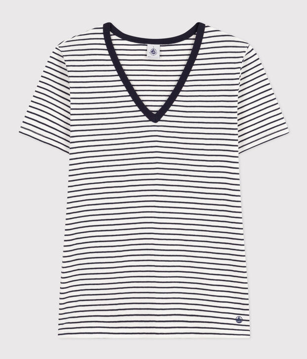 Women's Iconic Striped Cotton V-neck T-Shirt white/blue