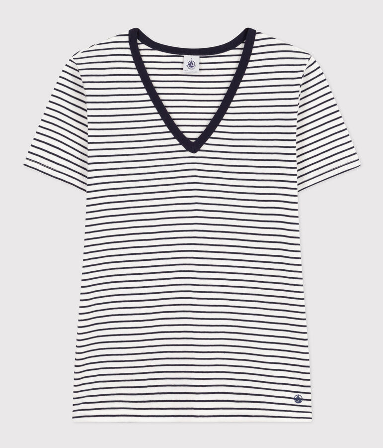 Women's Iconic Striped Cotton V-neck T-Shirt white/blue