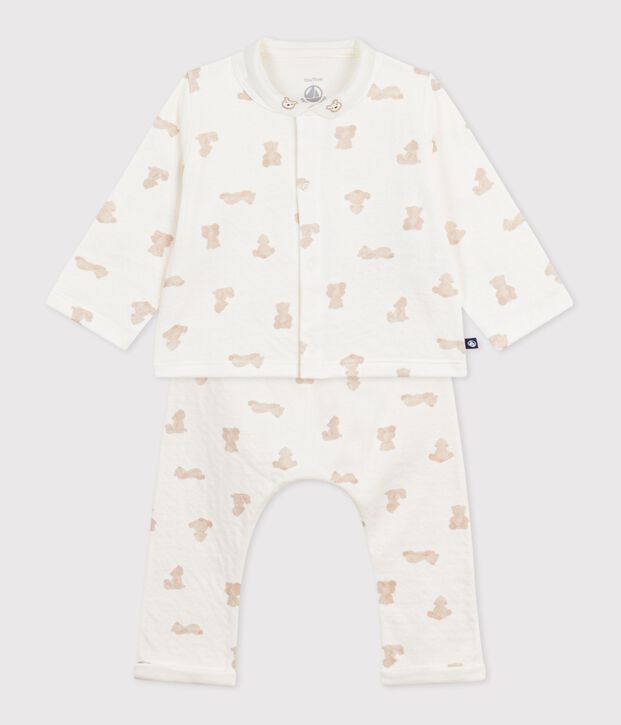 Babies' long two-piece teddy bear print set in cotton white/BRUN
