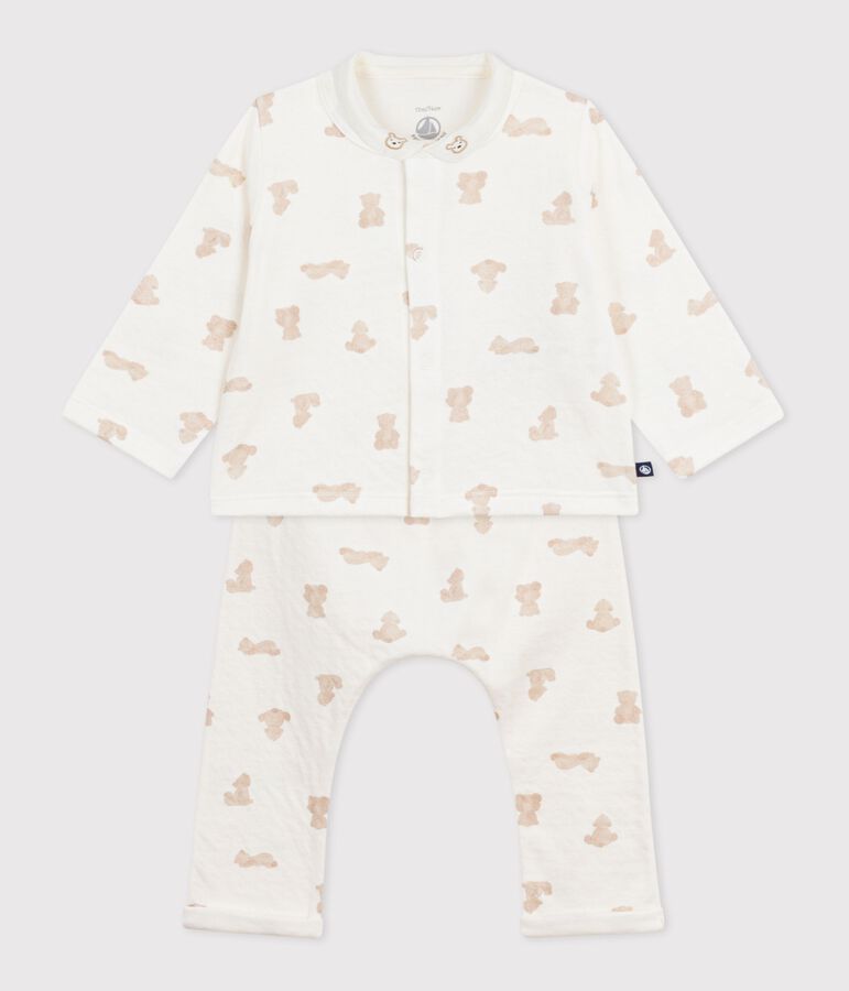 Babies' long two-piece teddy bear print set in cotton MARSHMALLOW /BRUN