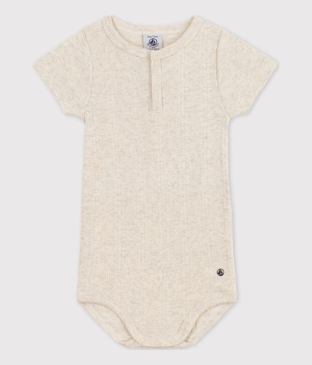Babies' Short-Sleeved Cotton Bodysuit With Henley Neck MONTELIMAR CHINE