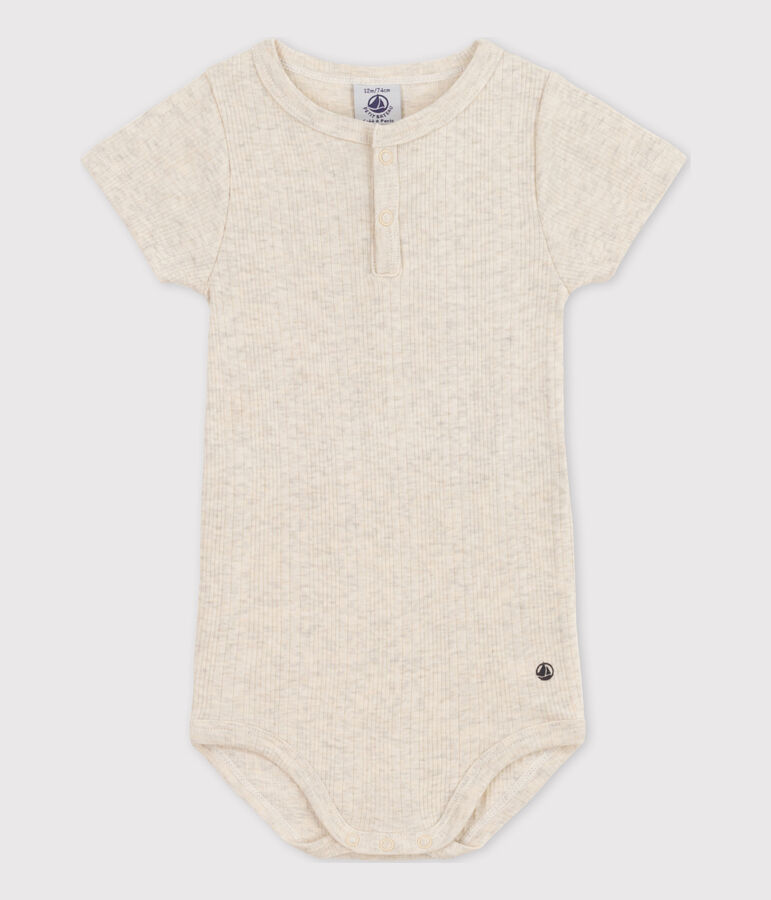 Babies' Short-Sleeved Cotton Bodysuit With Henley Neck beige